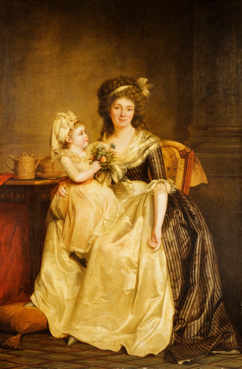 Portrett av en dame, sittende i full lengde ved et bord, med datteren hennes, som holder en pose med blomster av Rose Adelaide Ducreux