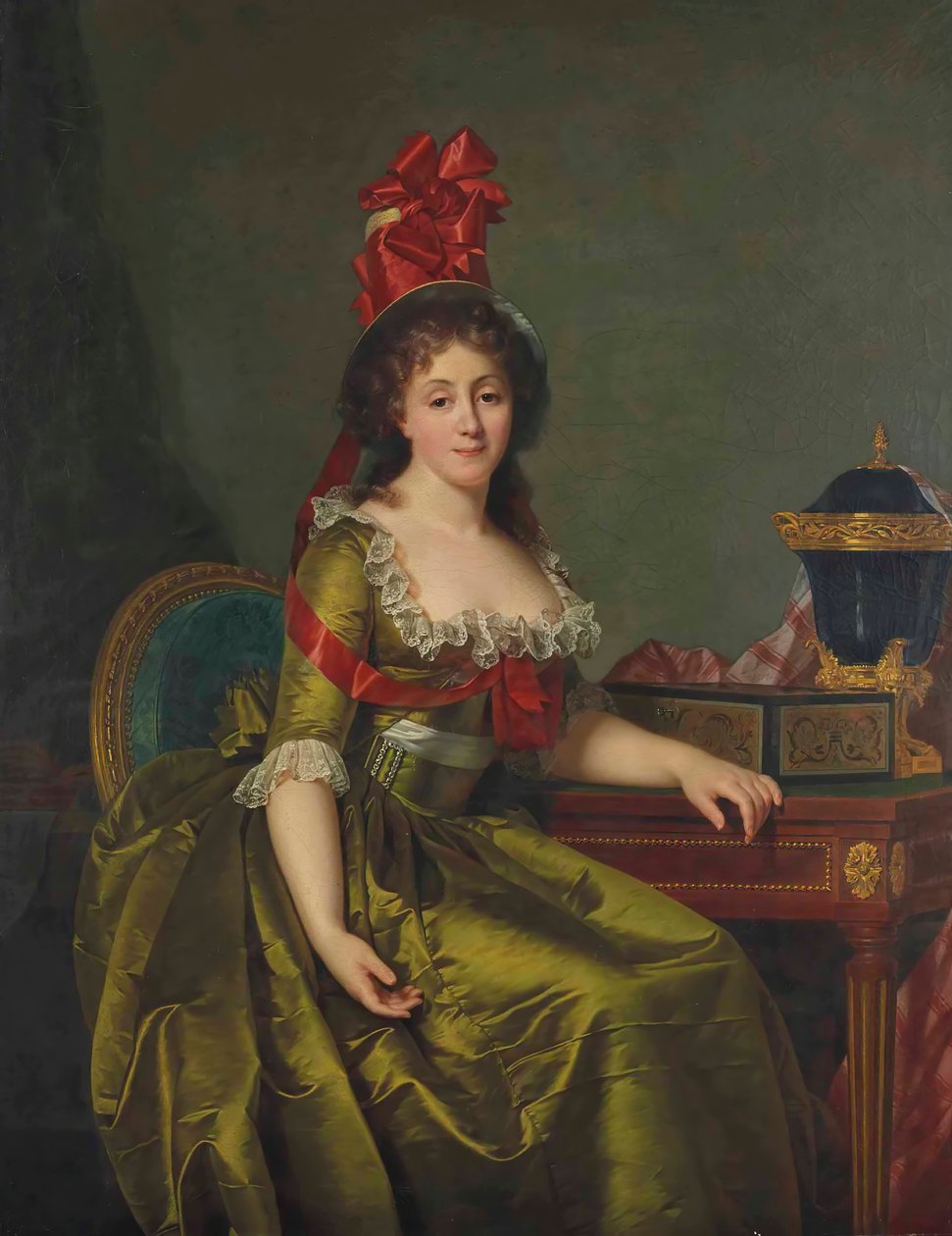 Portrett av en dame, i en grønn satengkjole og panser med røde bånd. av Rose Adelaide Ducreux