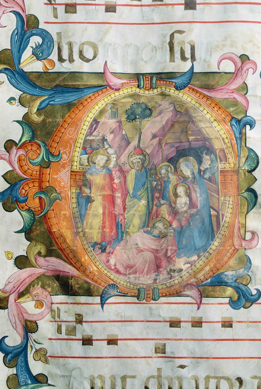 Corale / Graduale nr.5 Historikert initial "O" som viser tilbedelsen av magiene av Rossello Franchi