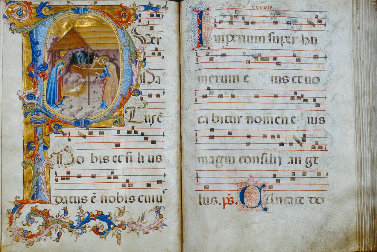 Korboken "D", vist i katedralen i Santo Stefano: en historisk initial som skildrer fødselen, ca. 1429-35 av Rossello di Jacopo Franchi