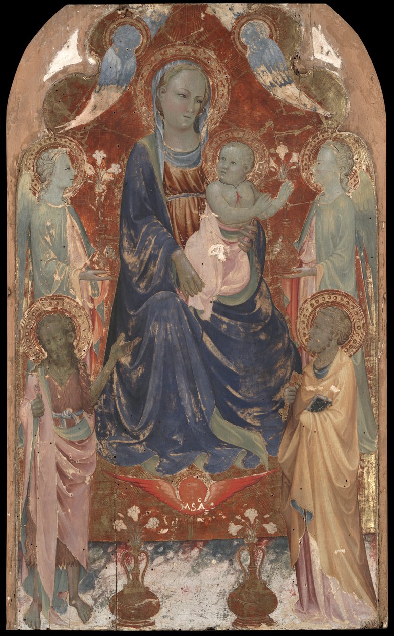 Jomfru og barn med døperen Johannes, Peter og to engler. av Rossello di Jacopo Franchi