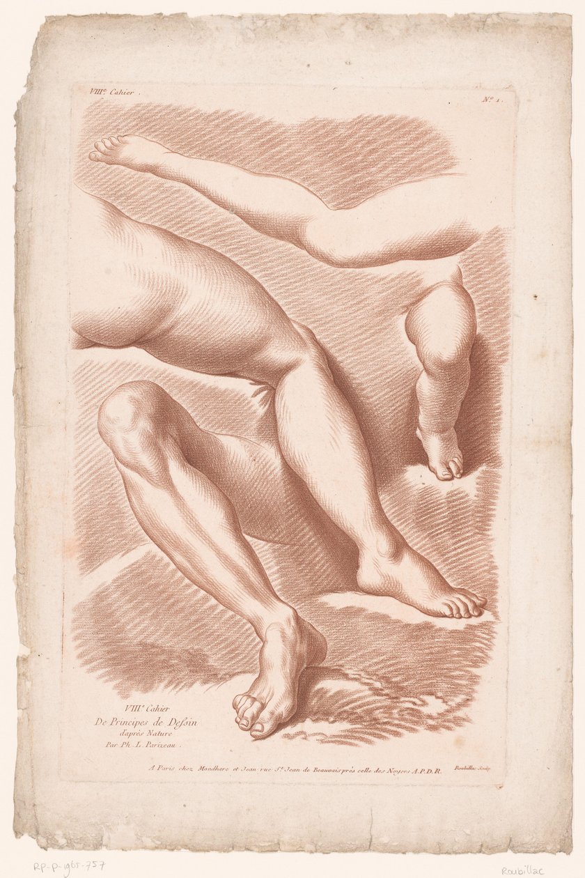Titteltrykk med fire ben i forskjellige positurer Prinsipper for tegning fra naturen, del åtte (serietittel) VIIIe Cahier de Principes du Dessin d'après Nature (serietittel på objekt) av Louis François Roubillac