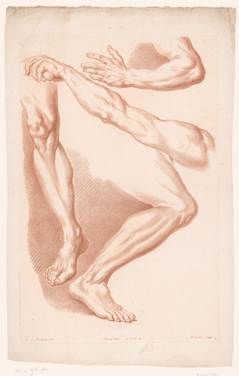 Ulike visninger av to ben og to armer Prinsipper for å tegne fra naturen, del syv (serietittel) VIIe Cahier de Principes du Dessin d'après Nature (serietittel) av Louis François Roubillac