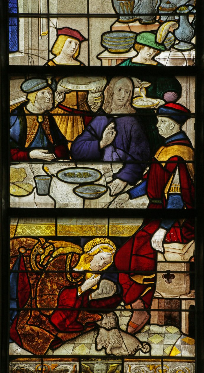 Vindu som viser Maria Magdalena som vasker Kristi føtter, 1500-10 av Rouen School
