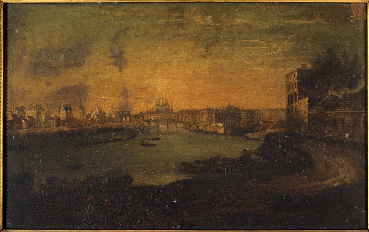 Utsikt over Île Saint-Louis og Île de la Cité, fra Pointe de l#39;Arsenal, rundt 1750 (olje på lerret) av Roux Le