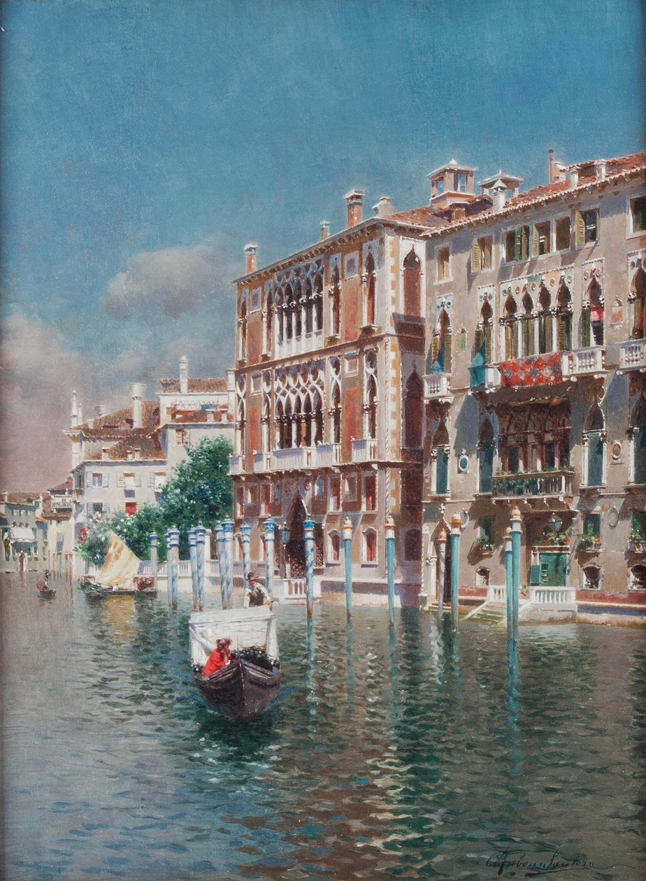En gondol foran Palazzo Cavalli-Franchetti og Palazzi Barboro, Venezia (olje på lerret) av Rubens Santoro