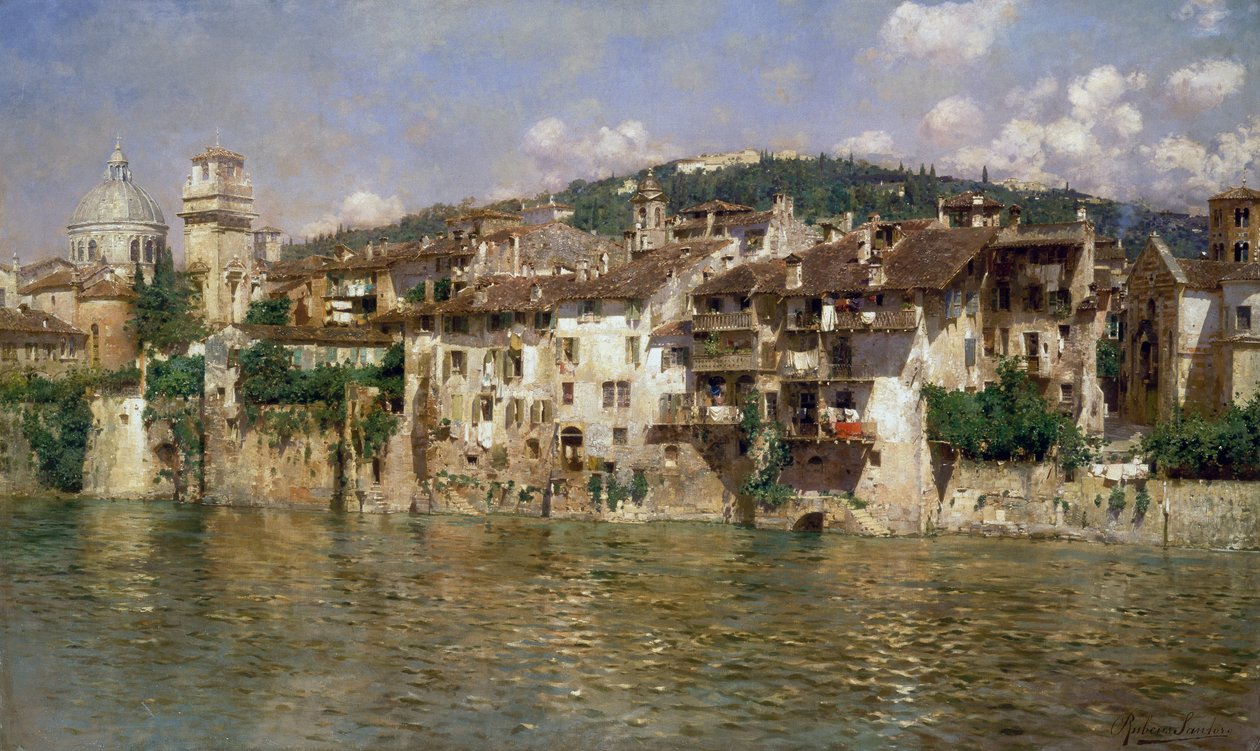 Adige in Verona, av Rubens Santoro (1859-1942), olje på lerret av Rubens Santoro