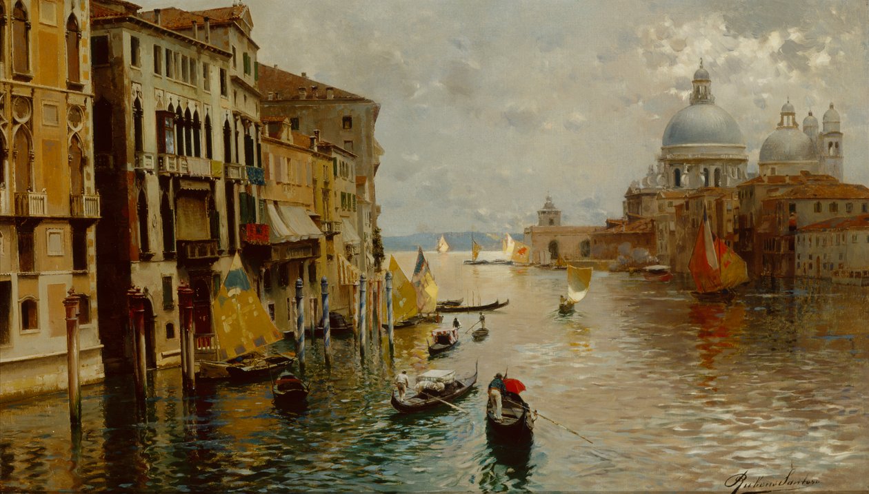 Gondoler på Canal Grande, Dogana og Santa Maria della Salute hinsides, Venezia (olje på lerret) av Rubens Santoro