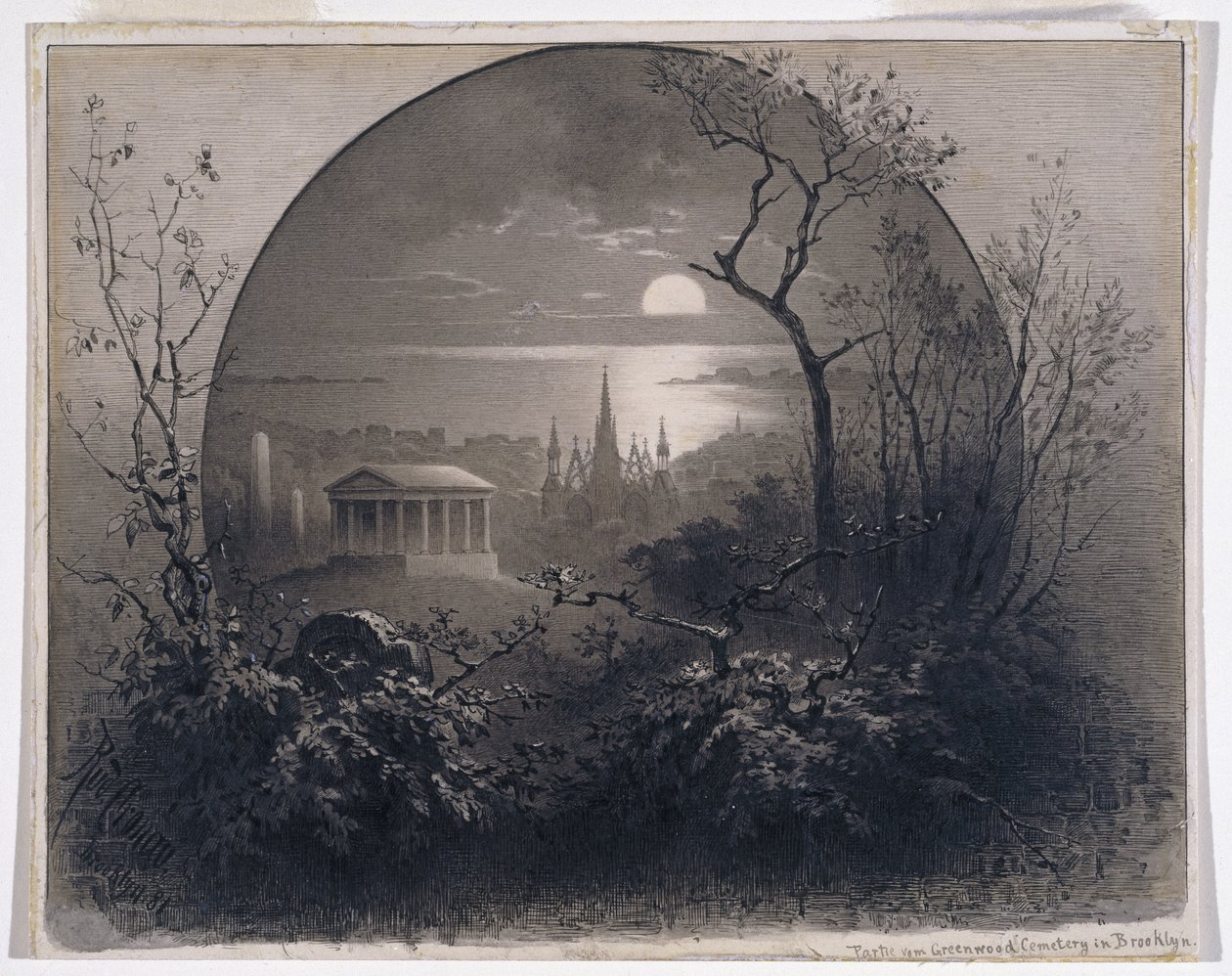 Utsikt fra Greenwood Cemetery, Brooklyn, 1881 (grisaille blekk og vask på papir) av Rudolf Cronau