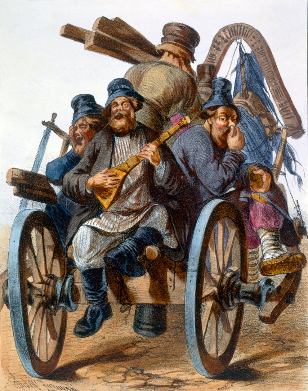Gruppe fulle bondemenn som synger mens de drar hjem på en vogn, 1843 av Rudolf Jukowsky