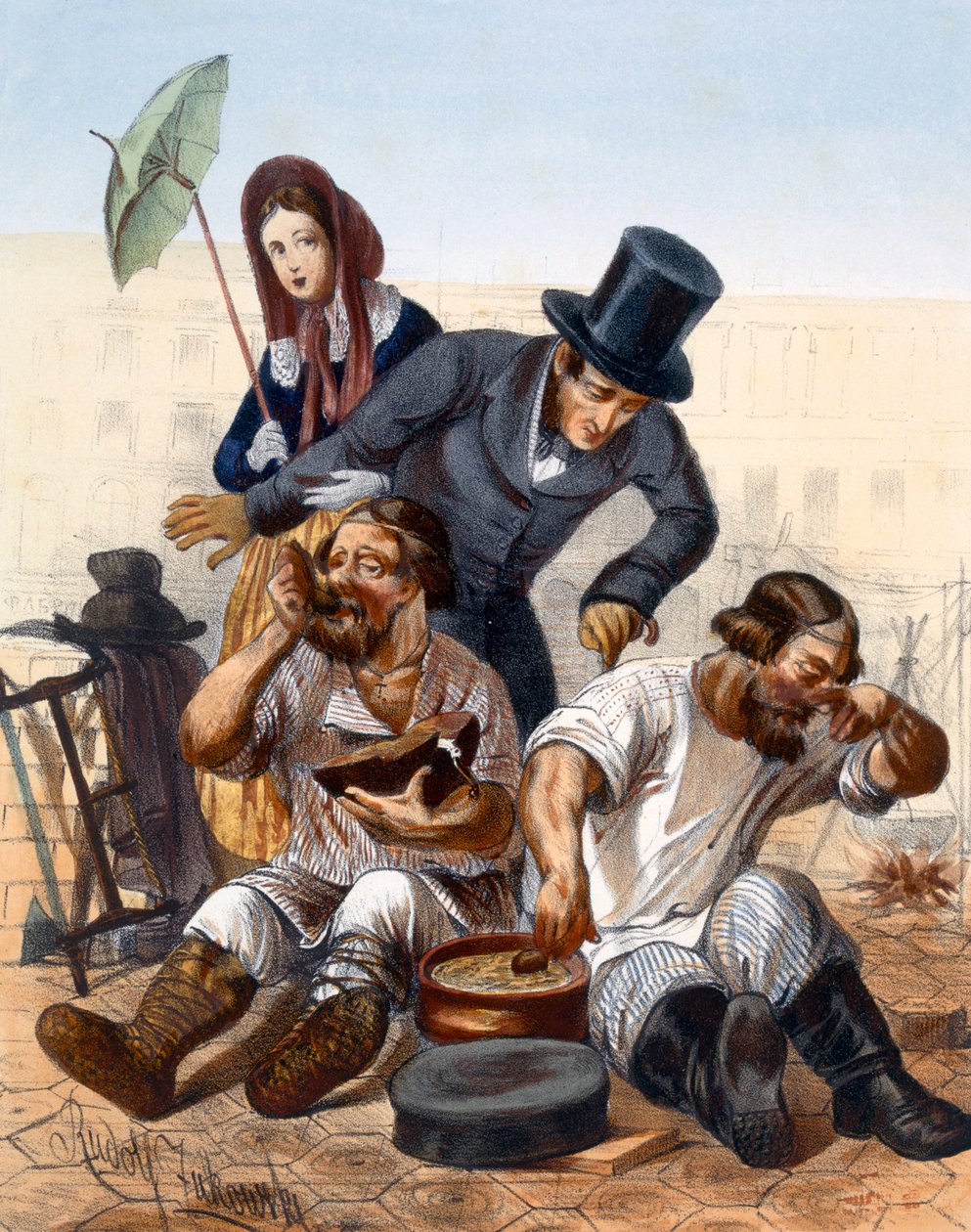 Rikt par snakker med et par fulle snekkere som lager mat og spiser på gaten, 1843 av Rudolf Jukowsky
