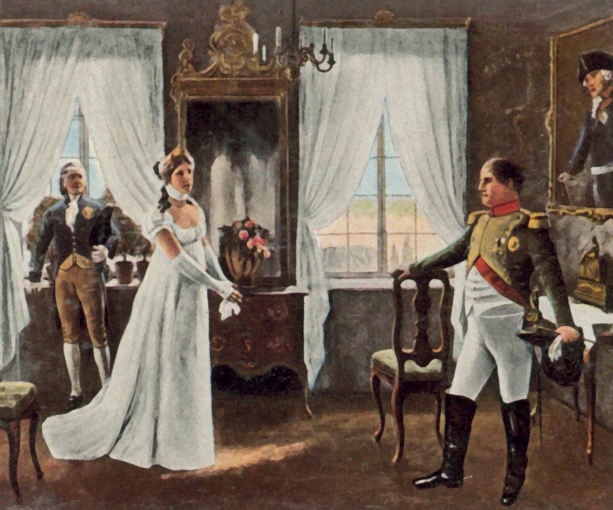 Møte mellom dronning Louise og Napoleon I i Tilsit, 6. juli 1807 (forbedret fargelitografi) av Rudolf Eichstaedt