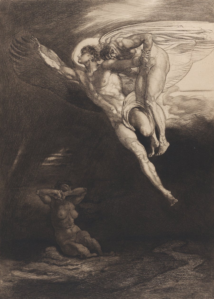 Lucifer bærer Kain opp i det endelige rommet, fra åtte etsninger på Byrons Kain, ..., 1919-1920. av Rudolf Jettmar