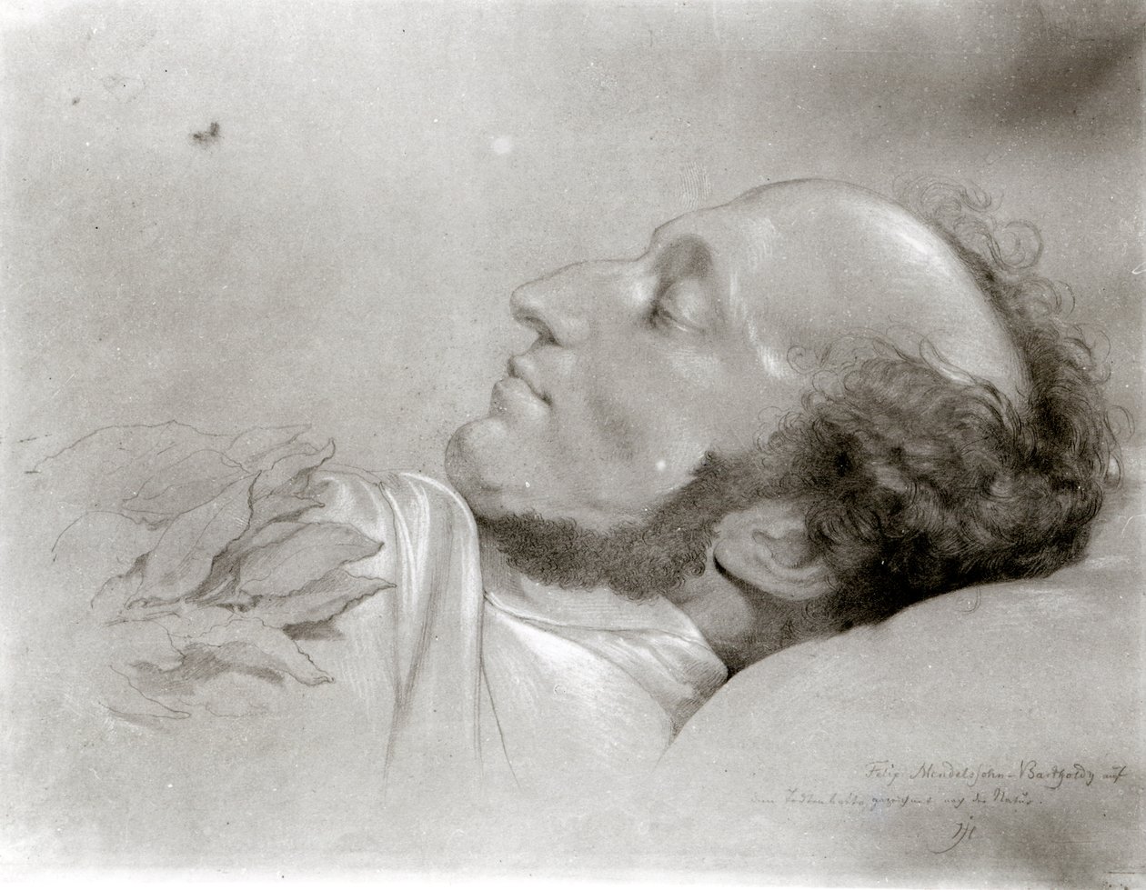 Felix Mendelssohn (1809-47) på dødsleiet, ca. 1847 av Rudolf Julius Benno Huebner