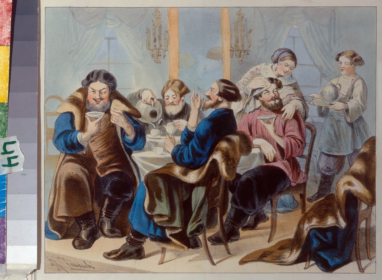 Te og sukker. Tedrikking i en taverna par Zhukovsky, Rudolf Kasimirovitsj (1814-1886), første kvartal av 1800-tallet. - Litografi, akvarell - Statens historiske museum, Moskva av Rudolf Kasimirovich Zhukovsky