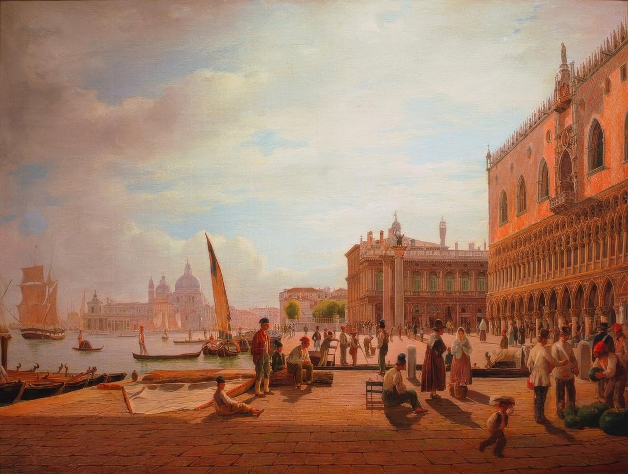 Utsikt over Piazzetta i Venezia med Dogepalasset og San av Rudolf von Alt