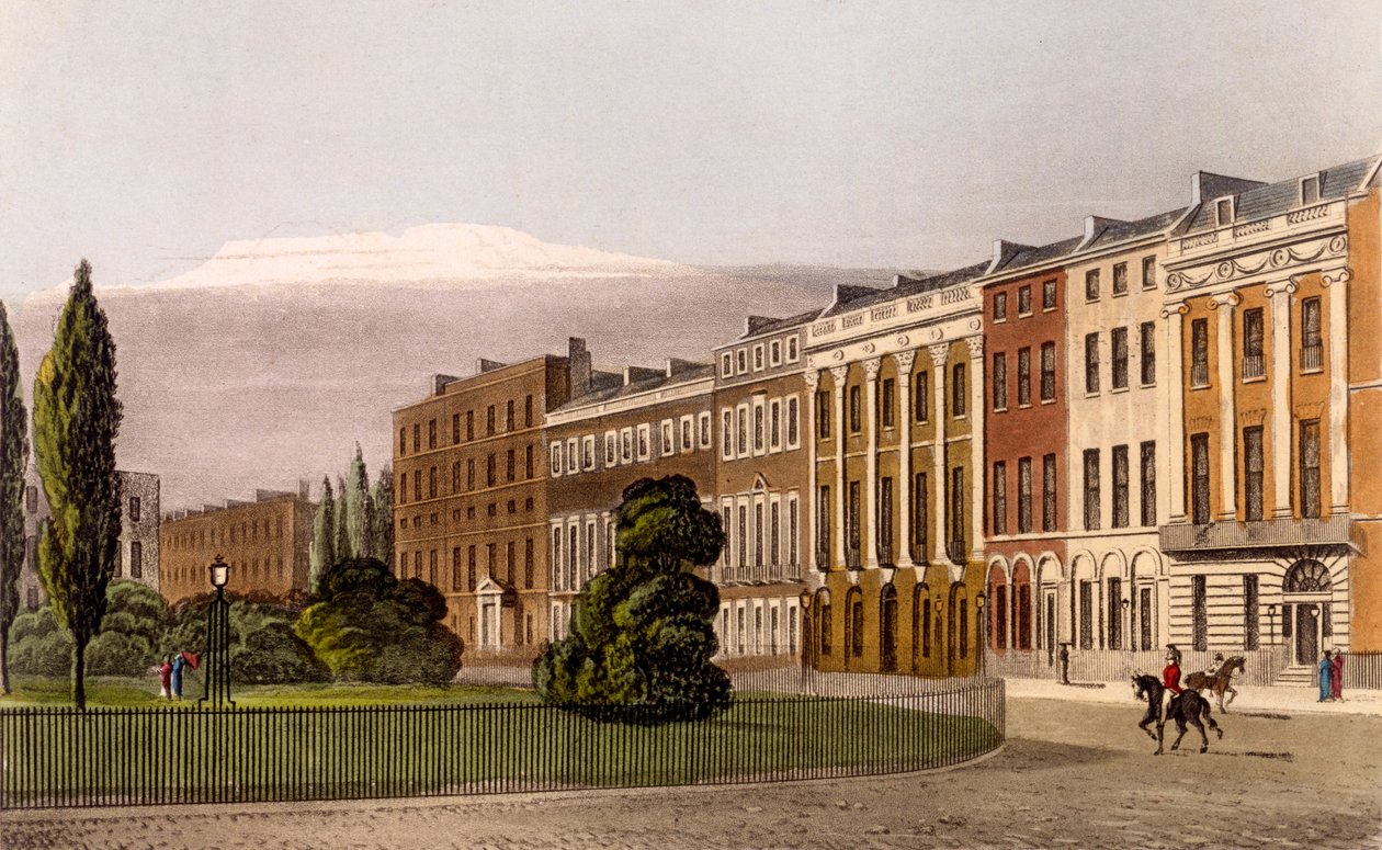 Utsikt over Portman Square, North Side, 1816 (gravering og akvatint) av Rudolph Ackermann