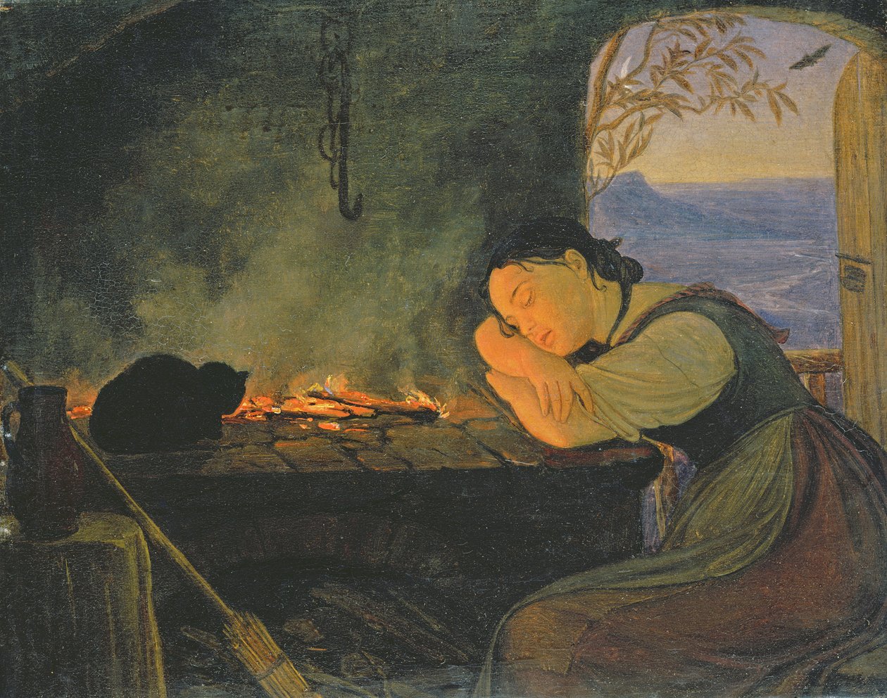 Jente som sover ved ilden, 1843 av Rudolph Friedrich Wasmann