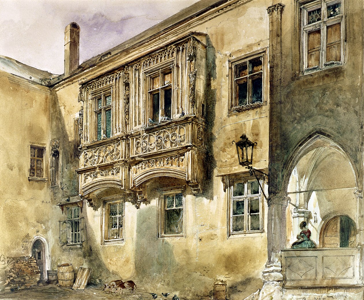 Gotisk balkong på gårdsplassen til Klosterneuburg Abbey, ca. 1840 av Rudolf von Alt