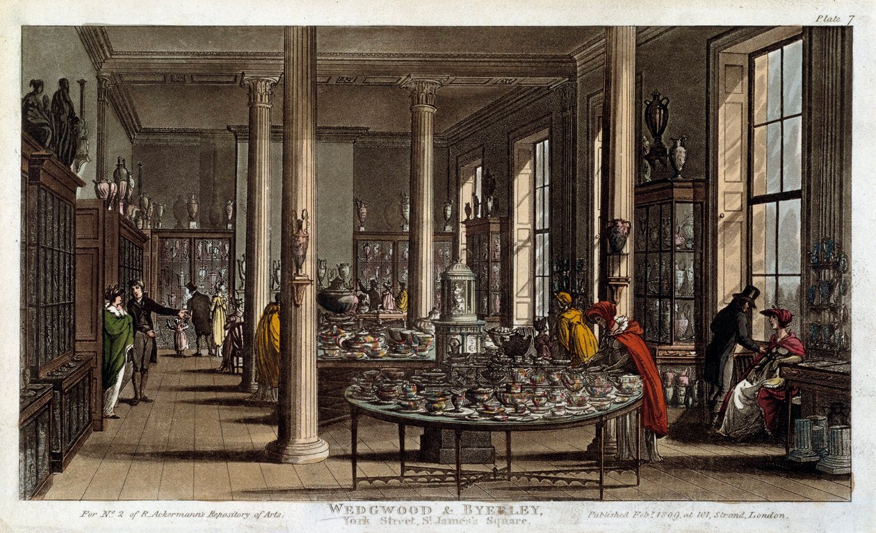Interiørbilde av en Wedgwood-porselensbutikk i London Litografi av R. Ackermann av Rudolph Ackermann