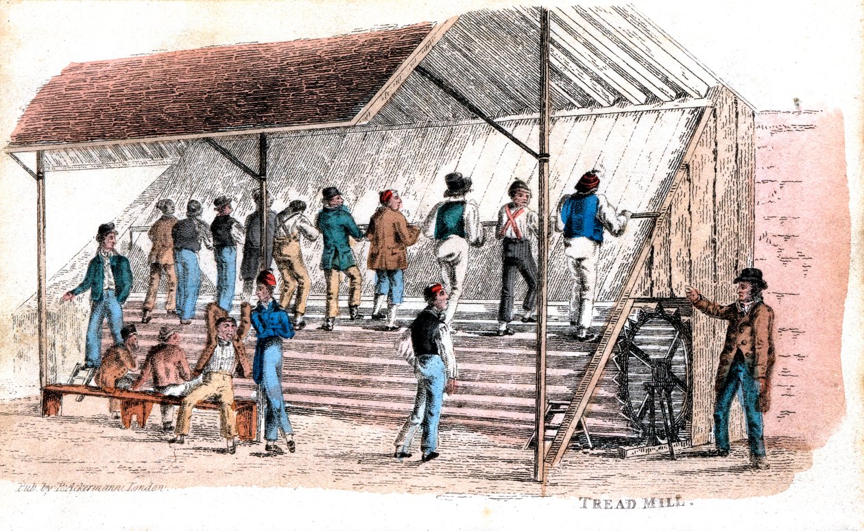 Tredemølle i Brixton fengsel, London, 1827 av Rudolph Ackermann