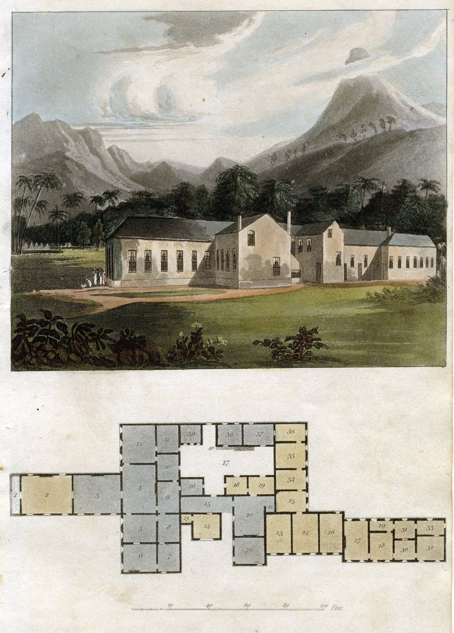 Utsikt og plan for Longwood House, St. Helena: Residensen til Napoleon Bonaparte av Rudolph Ackermann