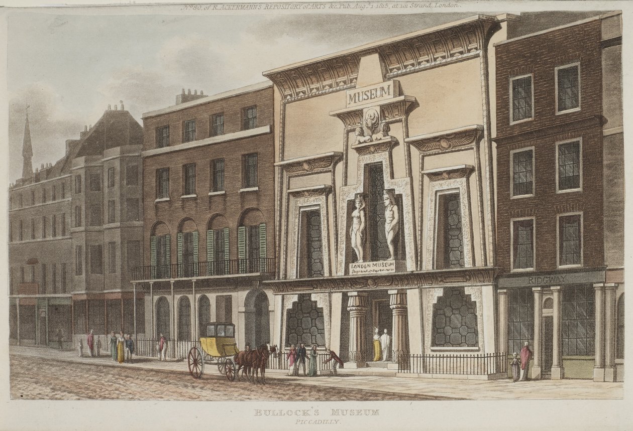 Utsikt over Bullocks Museum, bedre kjent som den egyptiske hallen, på Piccadilly, 1815 (akvatint) av Rudolph Ackermann