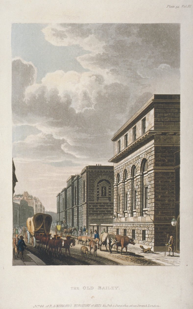 Utsikt over Old Bailey, ser nordover, City of London, 1814 av Rudolph Ackermann