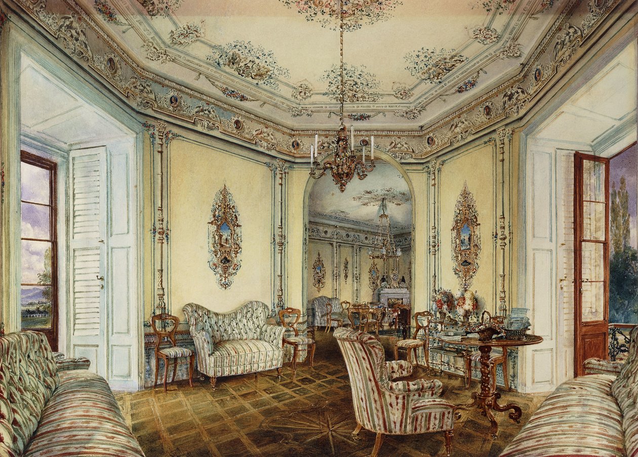Innvendig utsikt over salongen til et slott i Obertwaltersdorf; Innvendig utsikt over en salong i Obertwaltersdorf slott, av Rudolf von Alt
