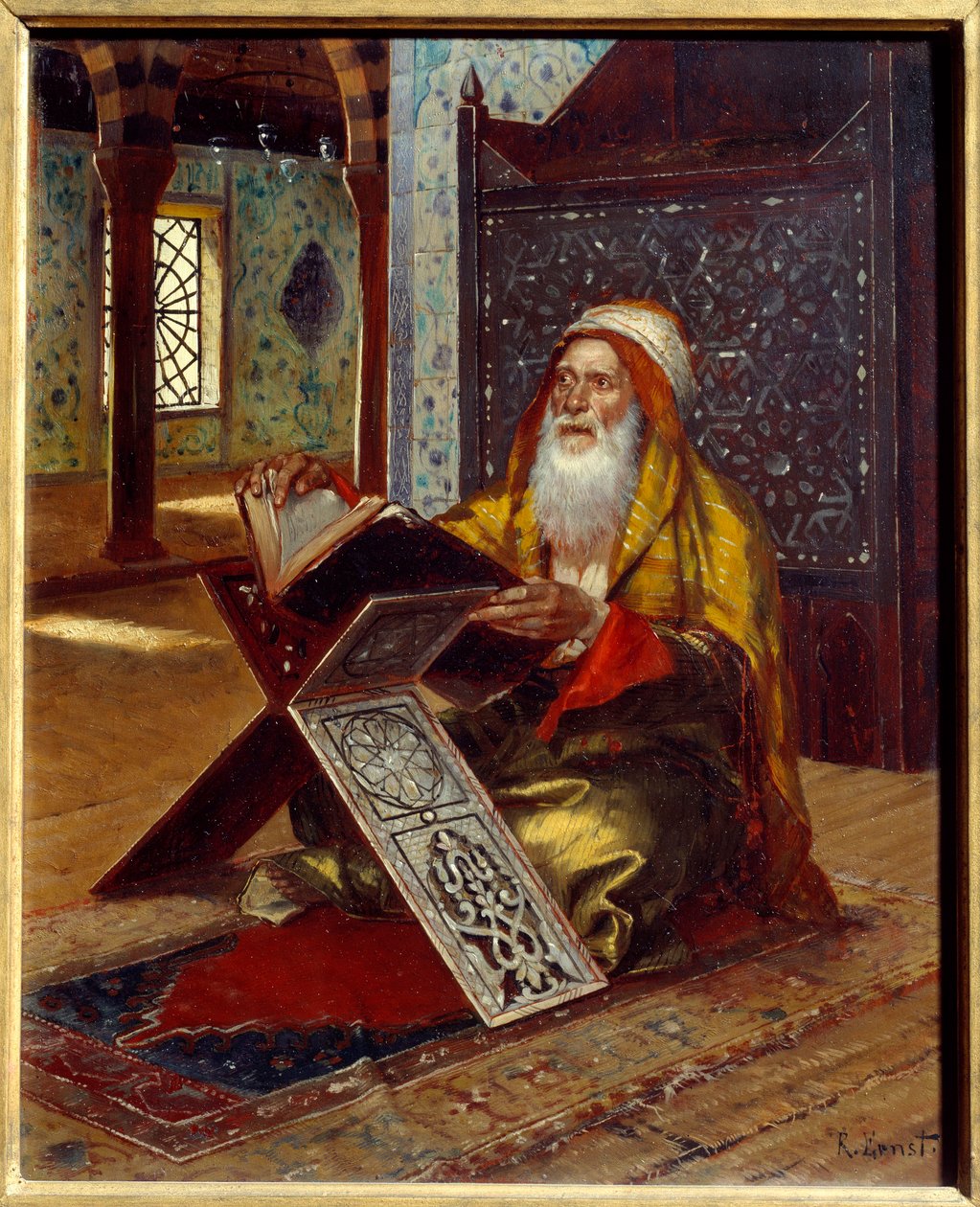 Skrivebordet En imam som leser Koranen. Maleri av Rudolph (eller Rudolphe) Ernst (1854-1932) Nantes fra 1800-tallet, Musee des Beaux Arts av Rudolphe Ernst