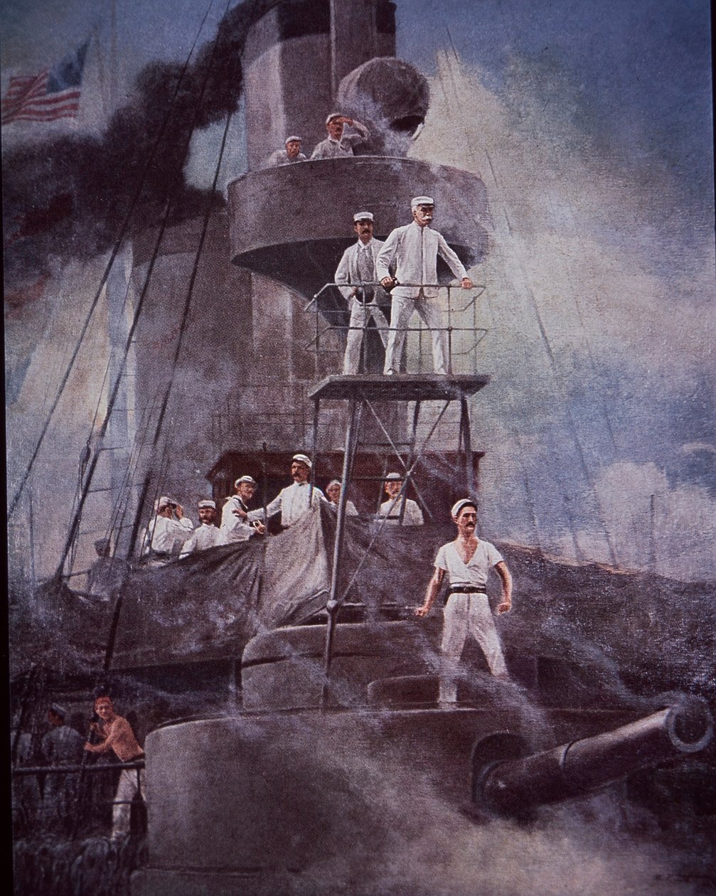 Spansk-amerikansk krig 1898, slaget ved Manila Bay, admiral Dewey regisserer handling fra flaggskipet Olympia av Rufus Fairchild Zogbaum