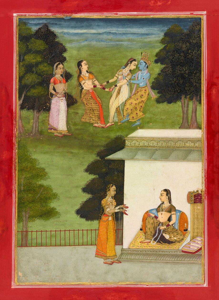 Krishna leker med <em>gopis</em>, folio fra en <em>Rasikpriya</em> av Ruknuddin