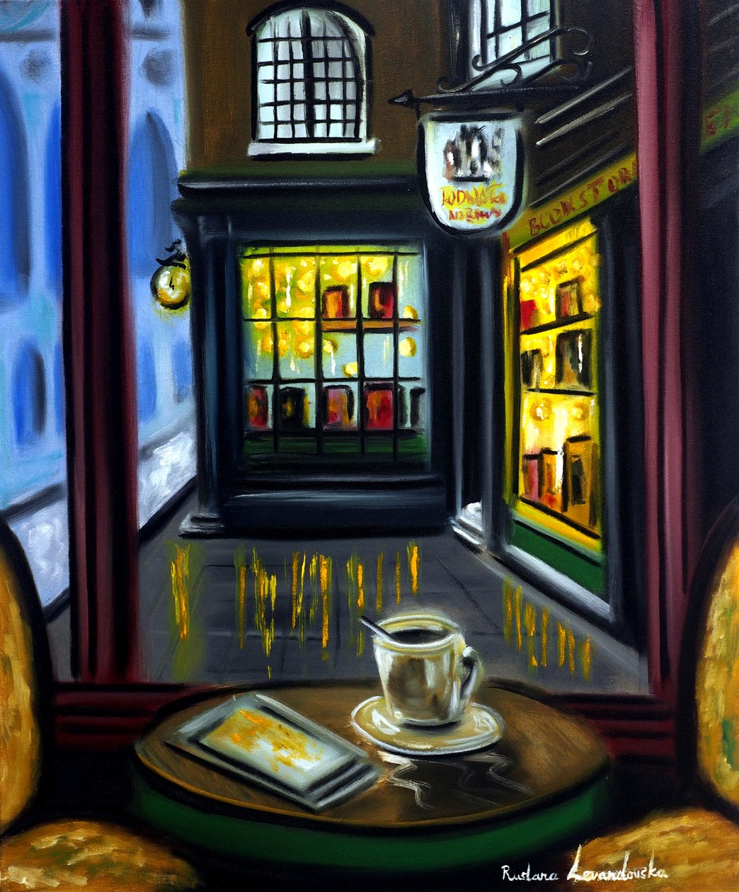 Kaffe og en bokhandel, 2025 (olje på lerret) av Ruslana Levandovska