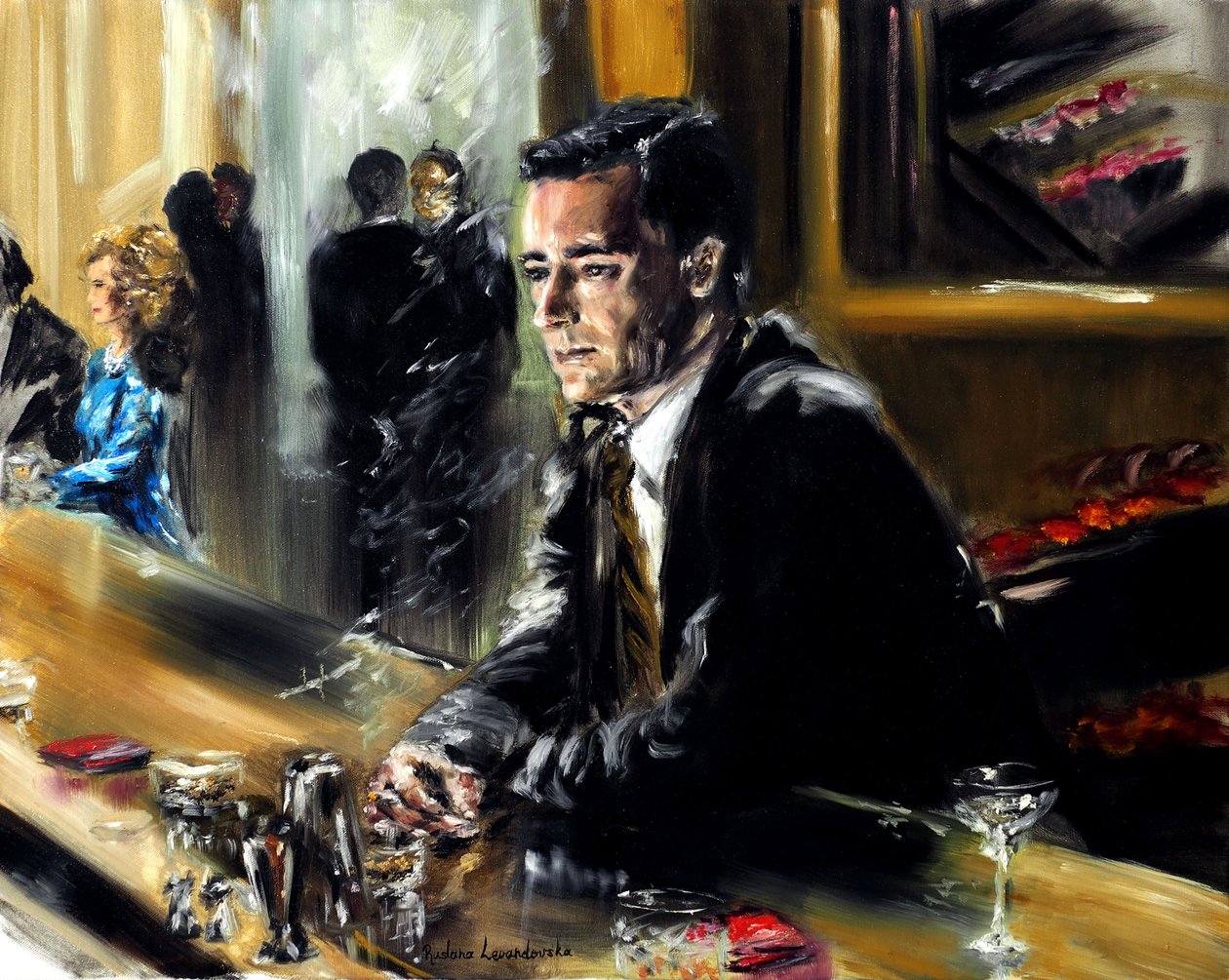 Gentleman at the Bar, 2021 (olje på lerret) av Ruslana Levandovska