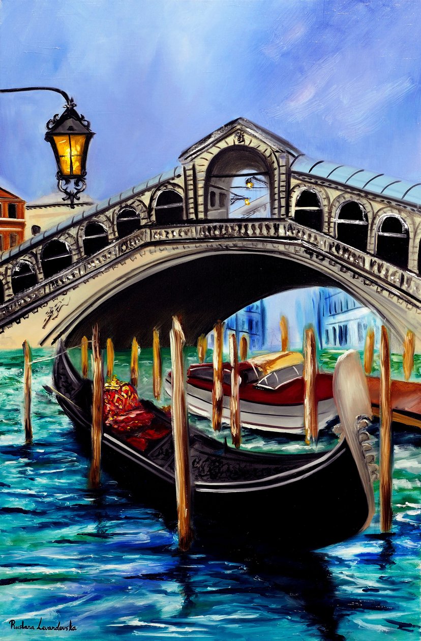 Gondoler ved Rialtobroen i Venezia, 2023 (olje på lerret) av Ruslana Levandovska