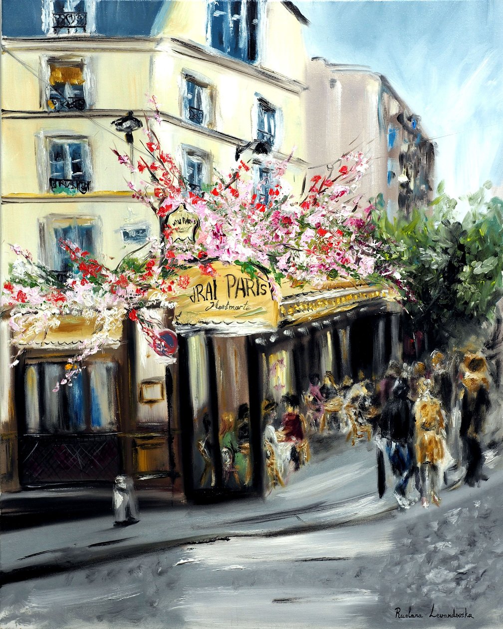 Den ekte Paris-kafeen Montmartre, 2021 (olje på lerret) av Ruslana Levandovska