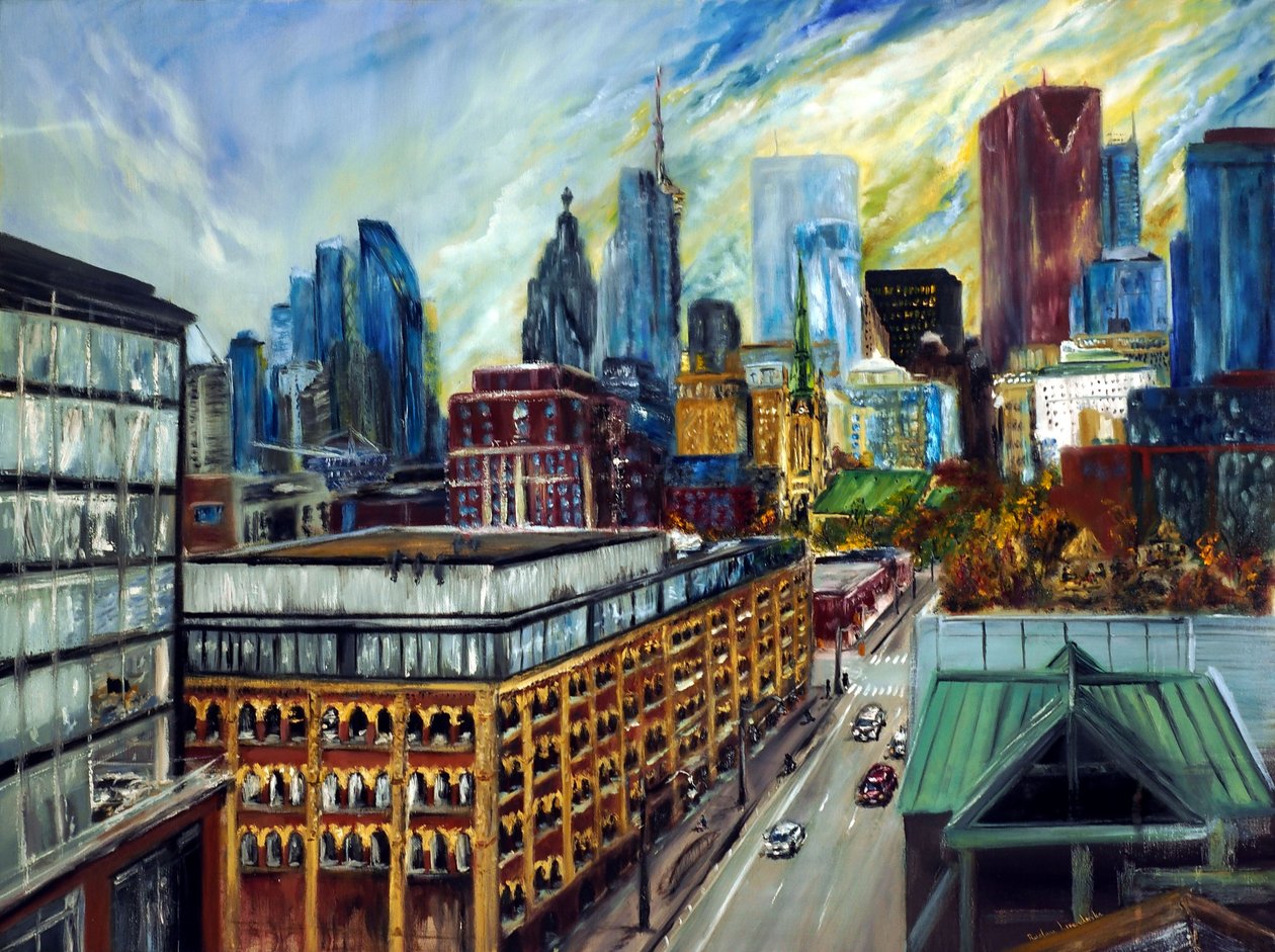 Utsikt over Torontos takterrasse, 2021 (olje på lerret) av Ruslana Levandovska