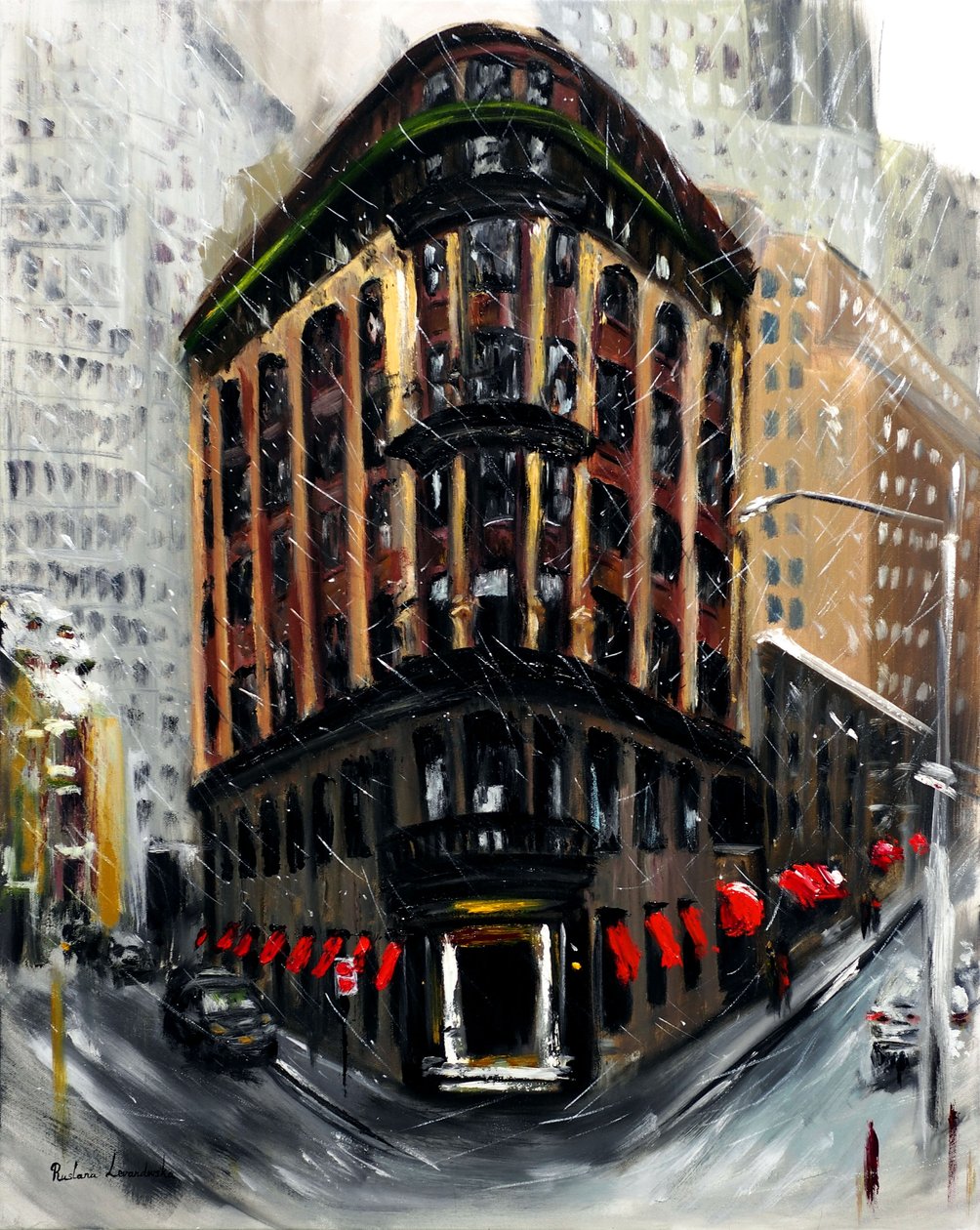 Snø i New York City Wall Street, 2021 (olje på lerret) av Ruslana Levandovska