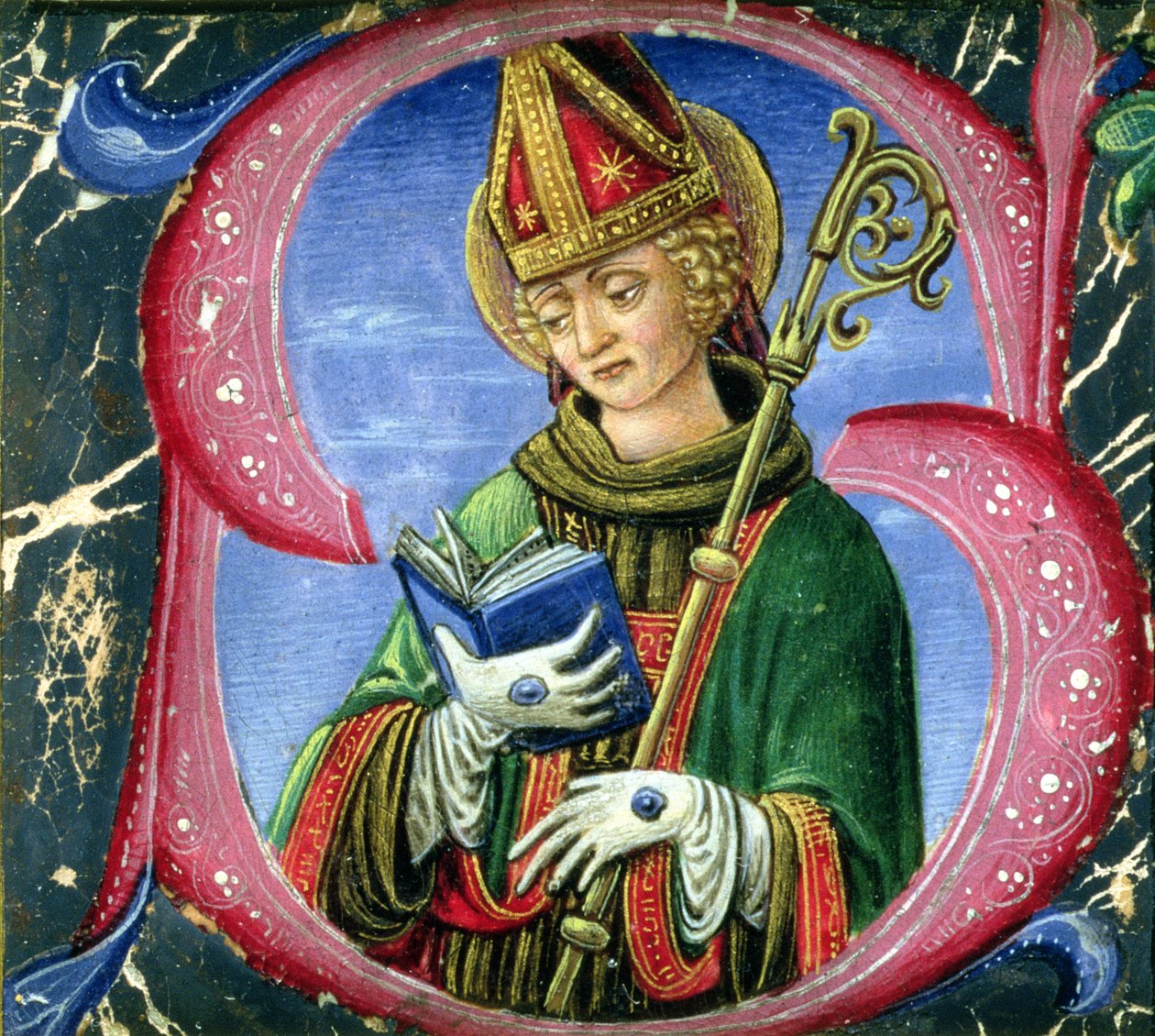 Historikert initial S som viser en biskopshelgen, ca. 1470 av Russi Francesco di Giovanni de