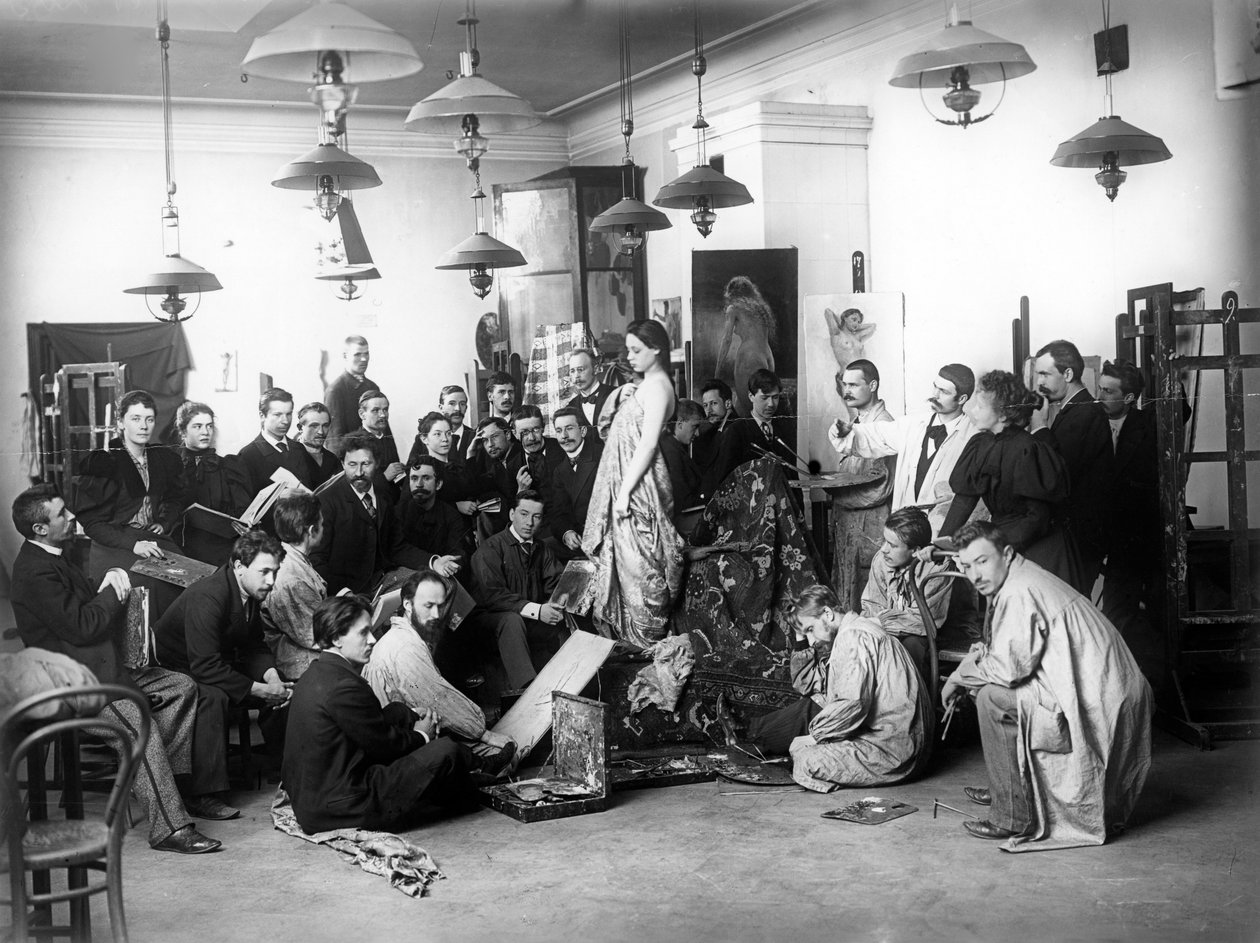 Ilya Repin underviste i en livsklasse ved Imperial Academy, St. Petersburg, 1898 av Russian Photographer
