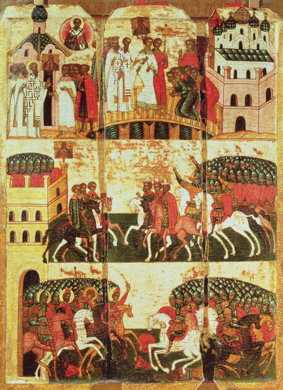 Kamp mellom Novgorodians og Suzdalians (tempera på panel) av Russian School