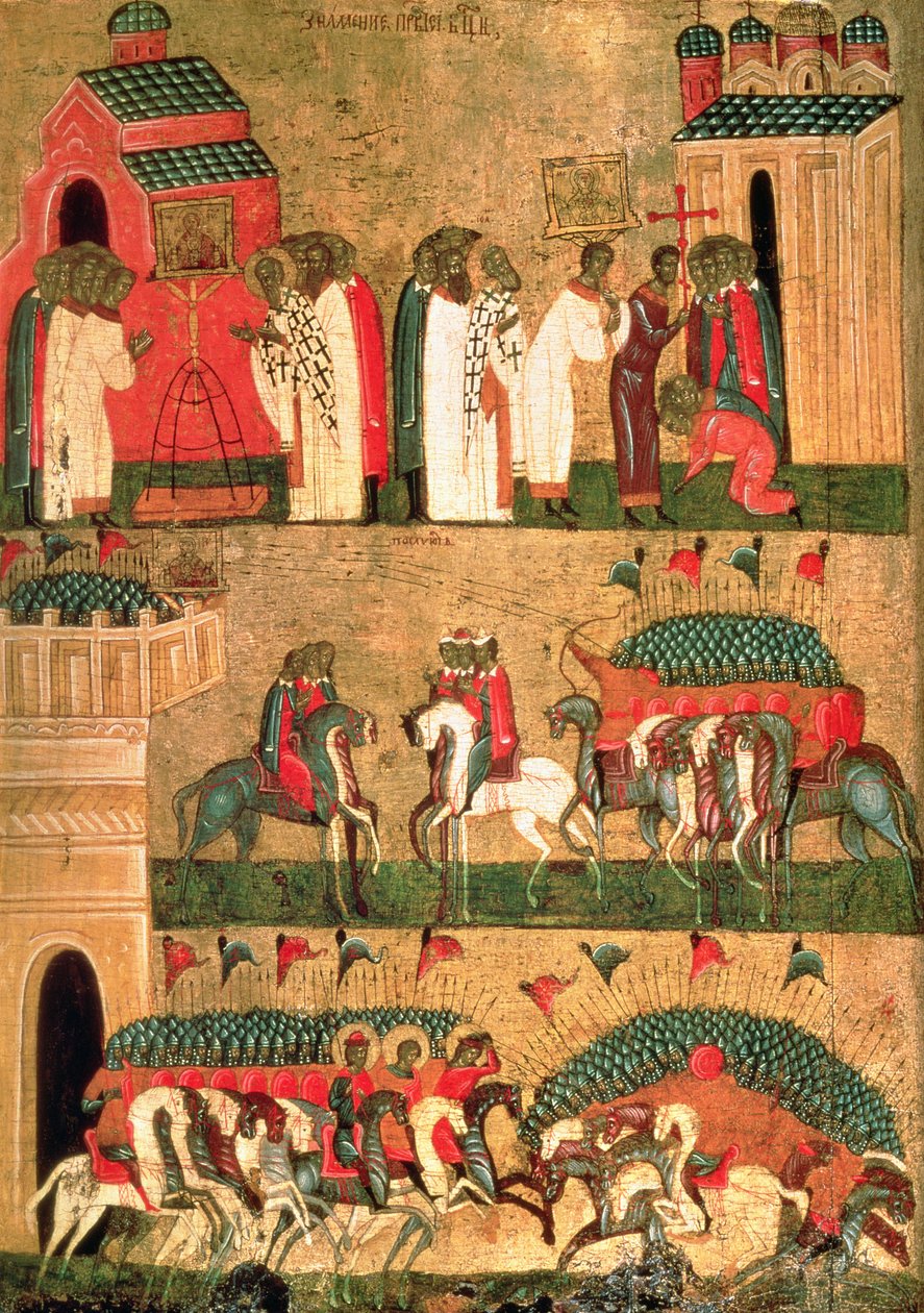Battle of the Novgorodians with the Suzdalians, Novgorod School, midten av 1400-tallet (tempera og gull på panel) av Russian School