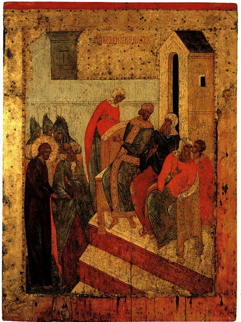 Kristus før Pilatus, ca. 1497 (tempera og bladgull på panel) av Russian School
