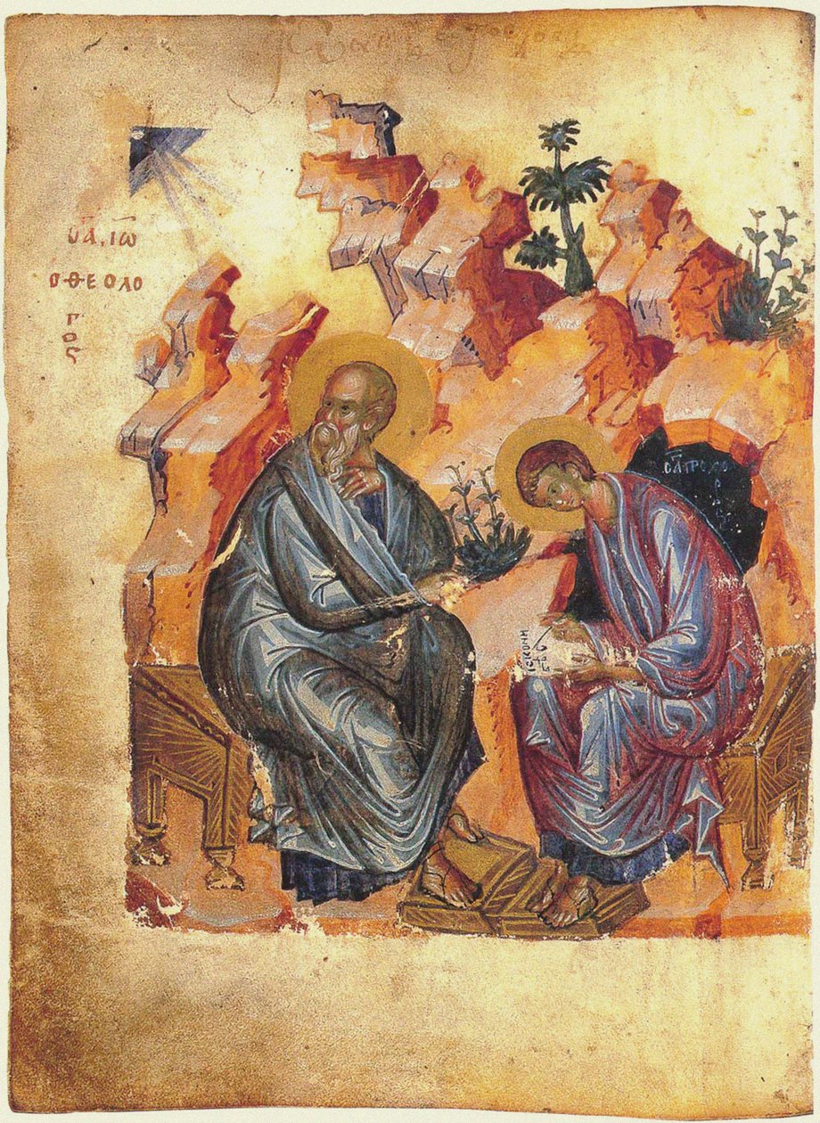 Fol. 157v St. John the Evangelist and Prochorus, Zaraisk Gospel, 1401 av Russian School