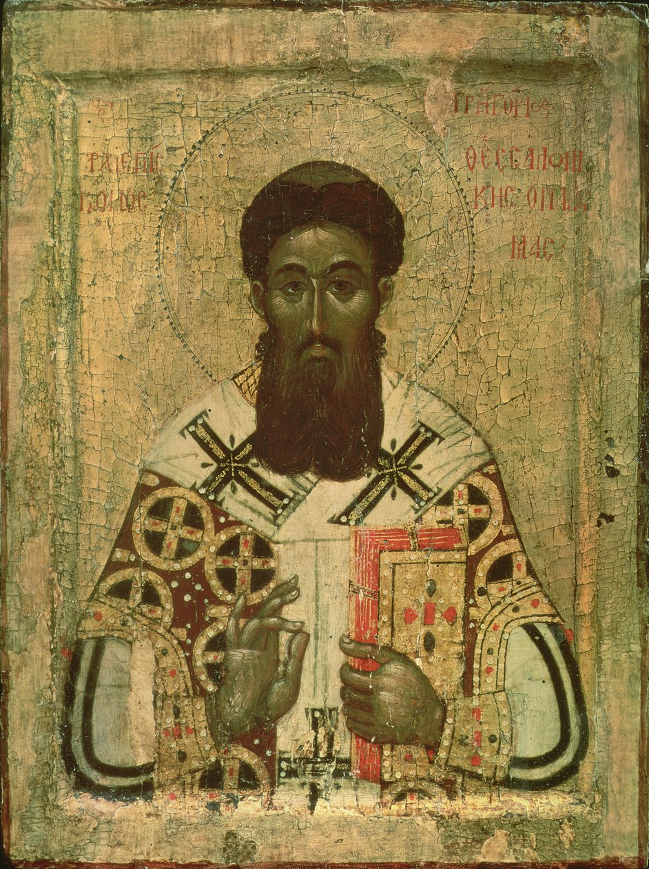 Ikon for St. Gregory (335-390) erkebiskop av Thessaloniki (tempera på papel) av Russian School