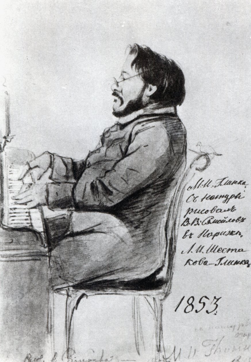 Mikhail Glinka, 1853 (penn og blekk med vask på papir) av Russian School