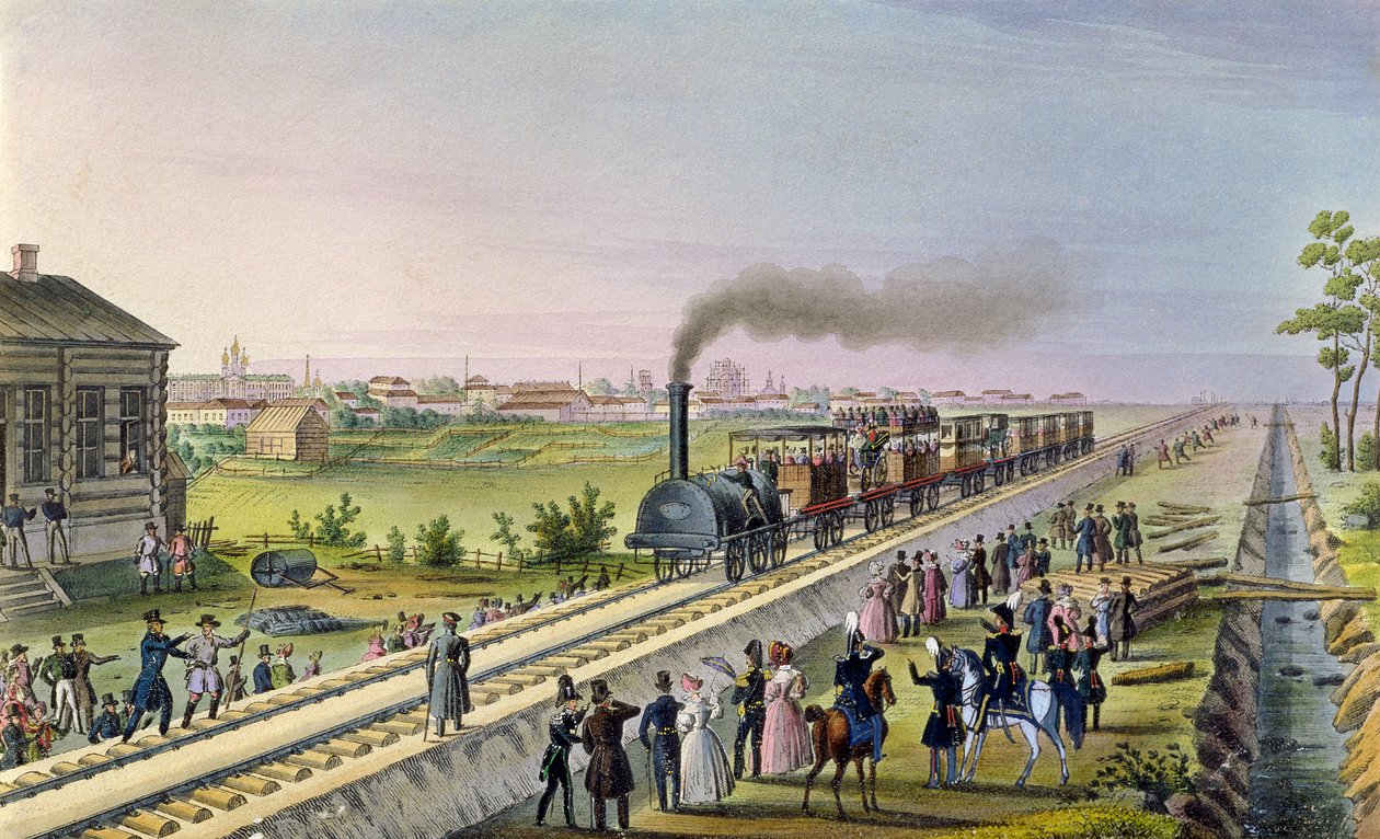 Åpning av den første jernbanelinjen fra Tsarskoje Selo til Pavlovsk i 1837 av Russian School