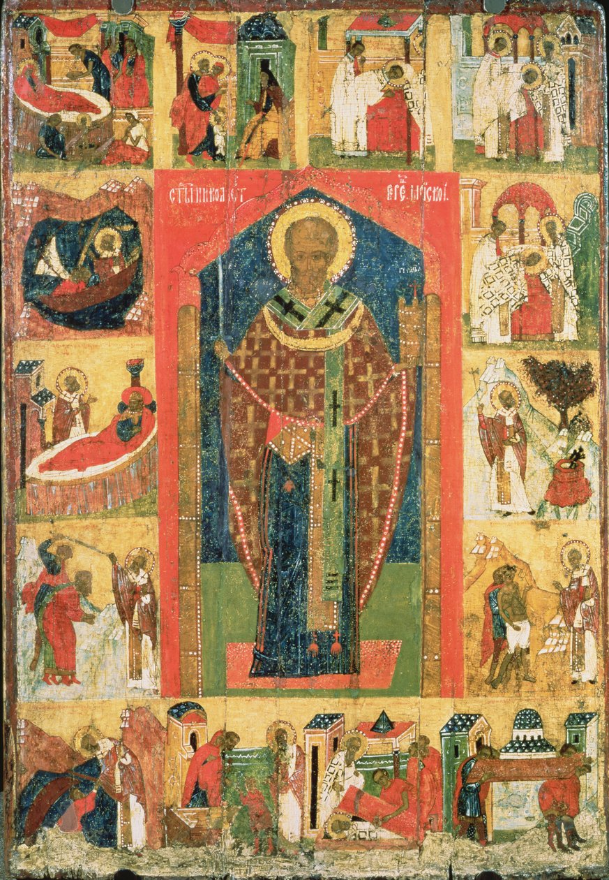 St. Nicholas av Moshajsk med scener fra livet hans (tempera på panel) av Russian School