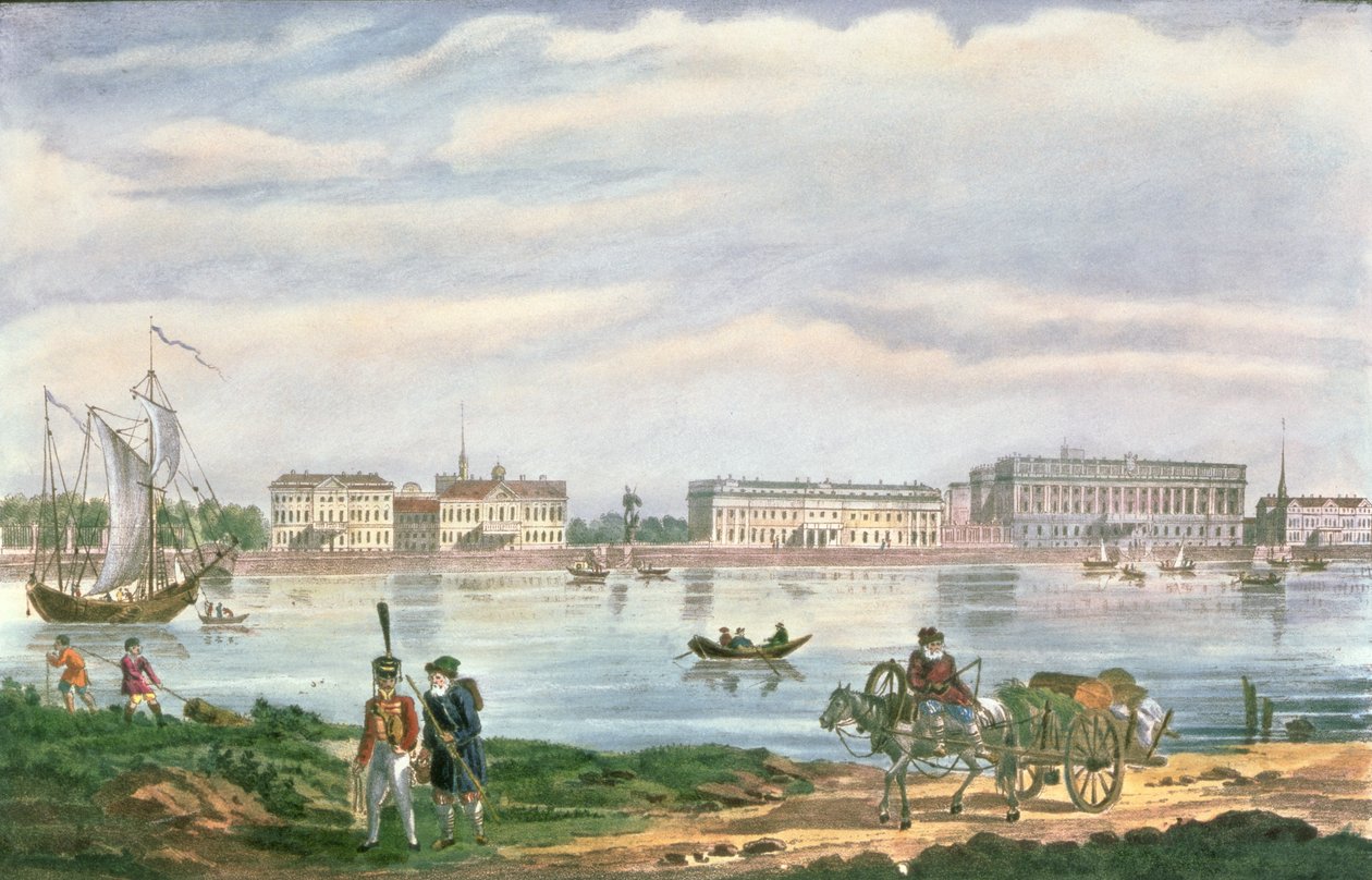 Marmorpalasset og Neva-vollen i St. Petersburg, 1822 av Russian School