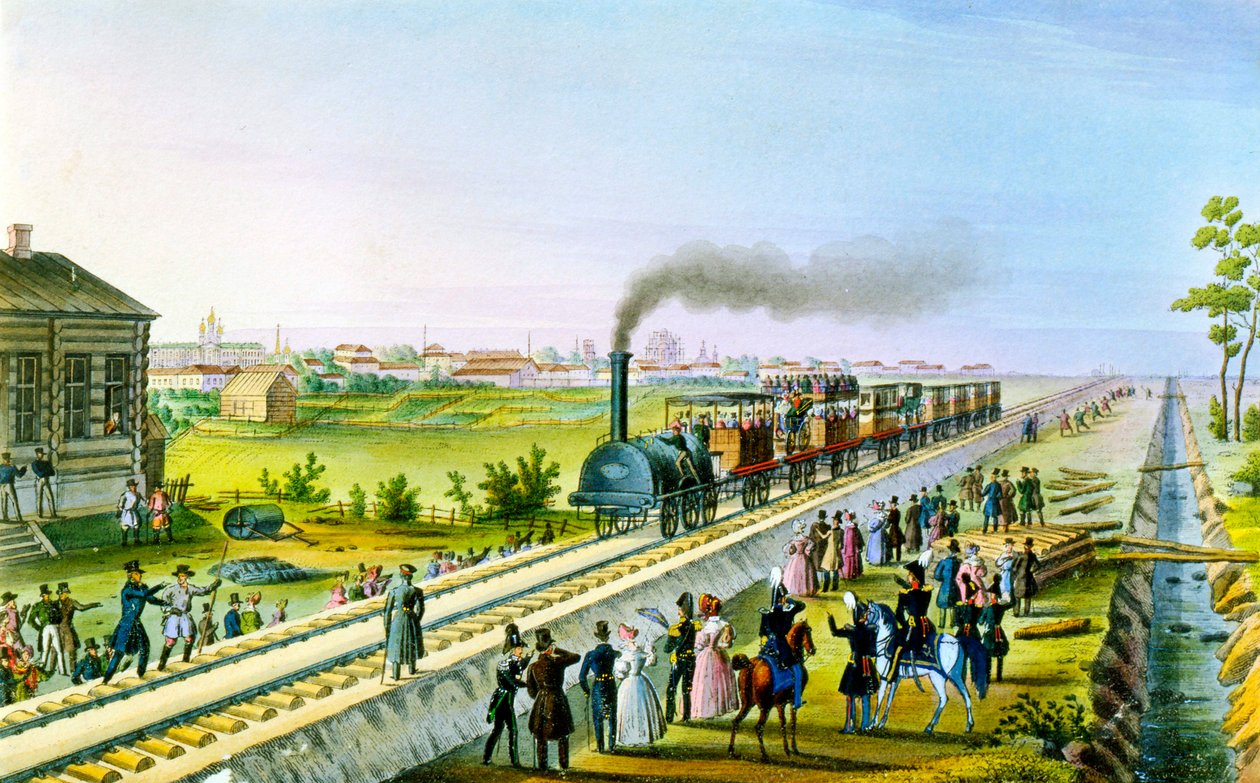 Åpning av den første jernbanelinjen fra St. Petersburg til Pavlovsk, Russland, 1830-årene. av Russian Master